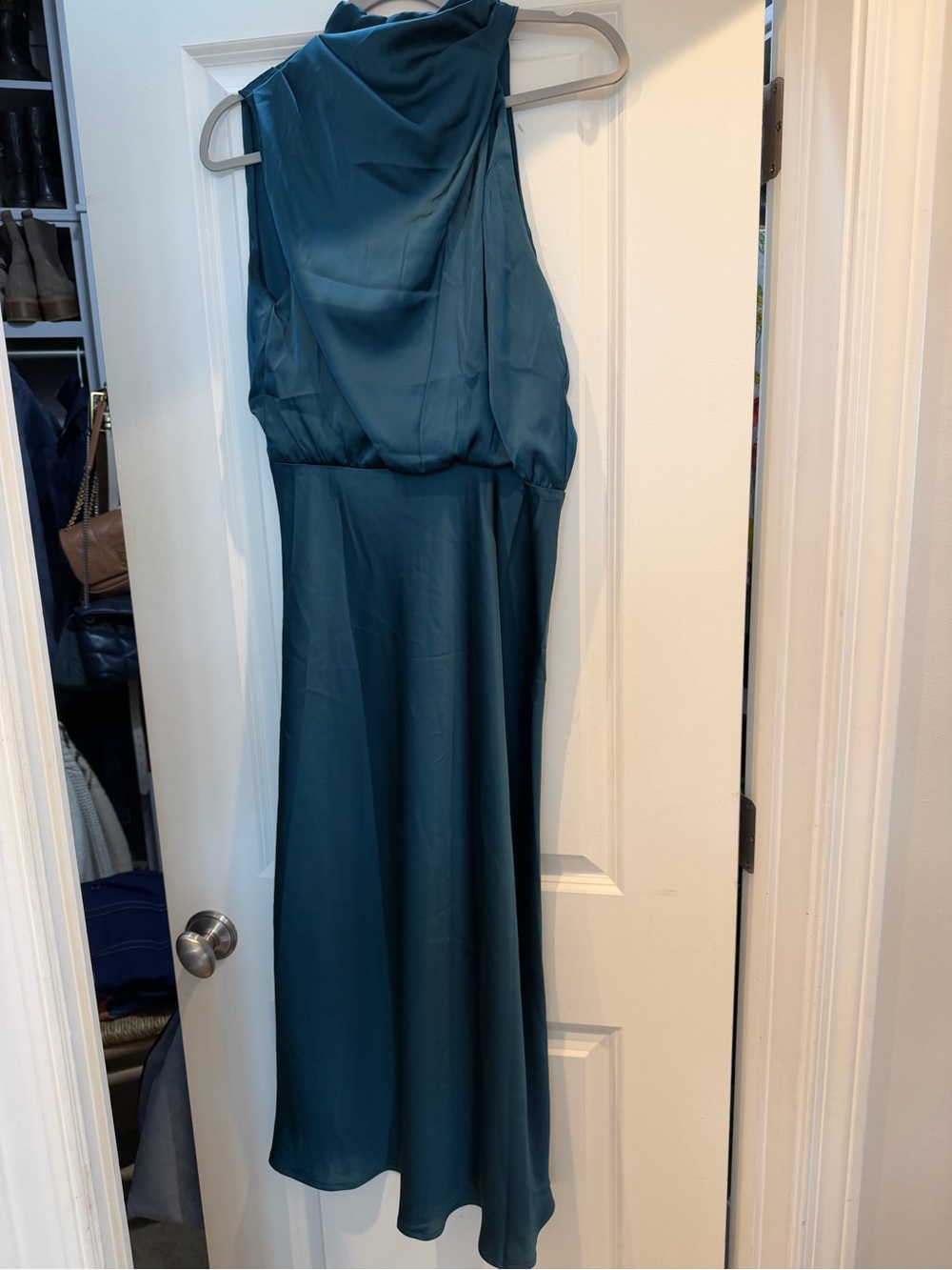Petal & Pup One-Shoulder Teal Satin Maxi Dress